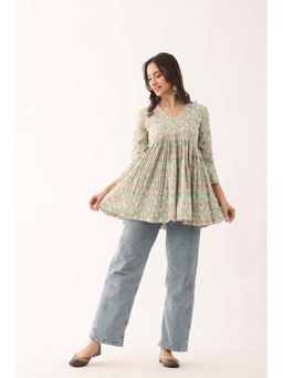 VASTRITO - Pista Green Sanganeri Organic Cotton Top
