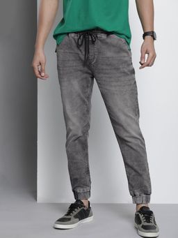 The Indian Garage Co - Grey Men Slim Fit Solid Mid-Rise Stretchable Denim Joggers