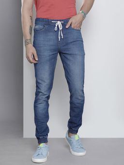 The Indian Garage Co - Men Slim Fit Solid Mid-Rise Stretchable Denim Joggers
