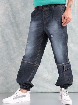 The Indian Garage Co - Men Loose Fit Solid Mid-Rise Stretchable Denim Joggers