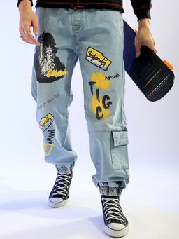 The Indian Garage Co - Men Loose Fit Printed Mid-Rise Stretchable Denim Joggers