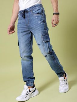 The Indian Garage Co - Men Regular Fit Solid Mid-Rise Stretchable Denim Cargo Joggers