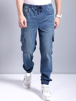 The Indian Garage Co - Men Regular Fit Solid Mid-Rise Stretchable Denim Cargo Joggers