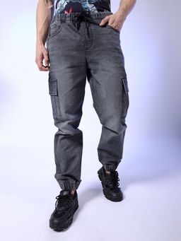 The Indian Garage Co - Men Regular Fit Solid Mid-Rise Stretchable Denim Cargo Joggers