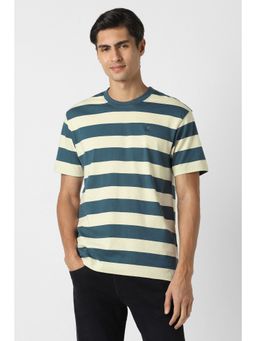 Peter England - Men Blue Stripe Crew Neck Blue T-Shirt