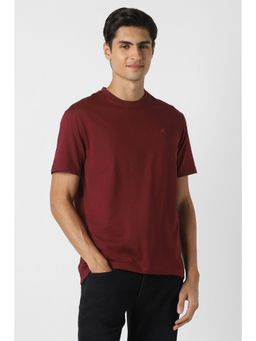 Peter England - Men Maroon Solid Crew Neck Maroon T-Shirt