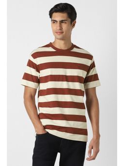 Peter England - Men Stripe Crew Neck Maroon T-Shirt