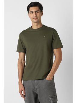 Peter England - Men Solid Crew Neck Olive T-Shirt