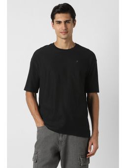 Peter England - Men Black Textured Crew Neck Black T-Shirt
