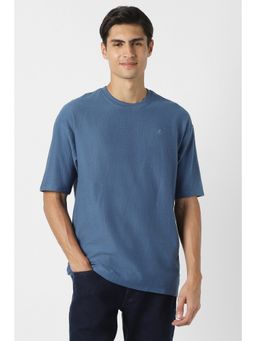 Peter England - Men Blue Textured Crew Neck Blue T-Shirt