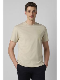 Peter England - Men Beige Texture Crew Neck T-Shirt