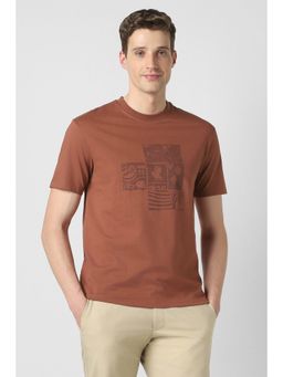 Peter England - Men Rust Graphic Print Crew Neck T-Shirt
