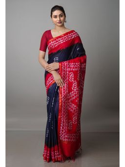 Unnati Silks - Navy Blue & Red Pure Batik Chanderi Silk Saree with Unstitched Blouse