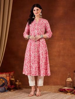 Shopping Queen - Pink Printed Mandarin Neck Kurta And Pant