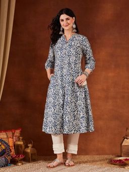 Shopping Queen - Blue Printed Mandarin Neck Kurta And Pant