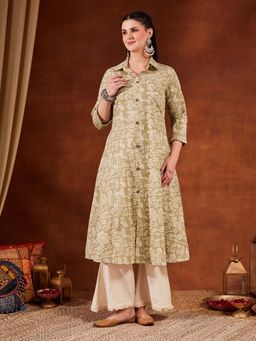 Shopping Queen - Green Printed Collar Neck Kurta With Palazzo