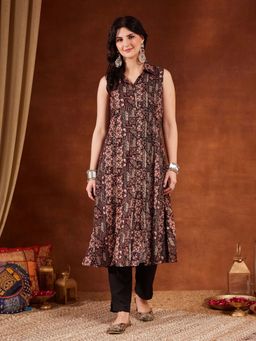 Shopping Queen - Black Printed Collar Neck Kurta And Pant