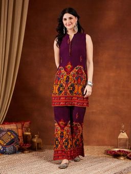 Shopping Queen - Purple Printed Mandarin Neck Co-ord Set