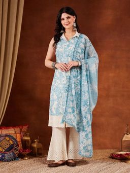 Shopping Queen - Blue Embroidered Collar Neck Kurta Pant With Dupatta