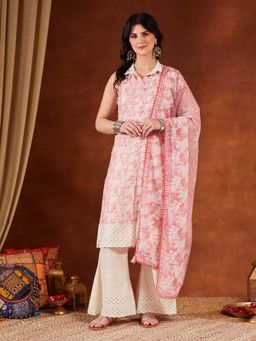 Shopping Queen - Pink Embroidered Collar Neck Kurta Pant With Dupatta