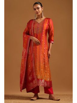 Soch - Orange Embroidered V-Neck Kurta Pant With Dupatta