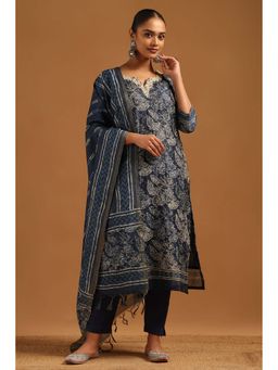 Soch - Indigo Embroidered Round Neck Kurta Pant With Dupatta