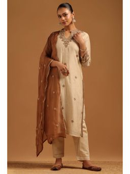 Soch - Beige Embroidered Mandarin Neck Kurta Pant With Dupatta