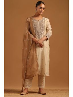 Soch - Beige Embroidered Round Neck Kurta Pant With Dupatta