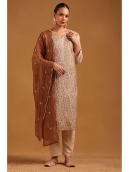 Soch - Beige Embroidered Round Neck Kurta Pant With Dupatta
