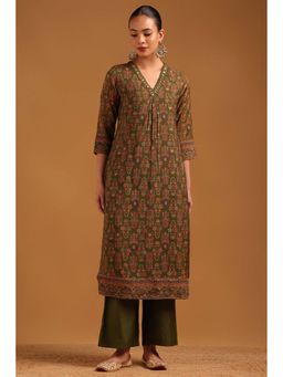 Soch - Green Printed V-Neck Kurta And Pant