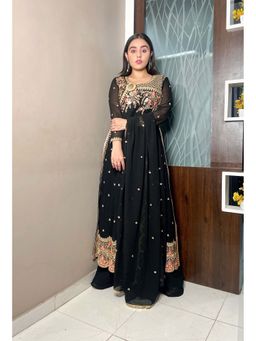 Trendmalls - Black Embroidered Round Neck Kurta Palazzo With Dupatta