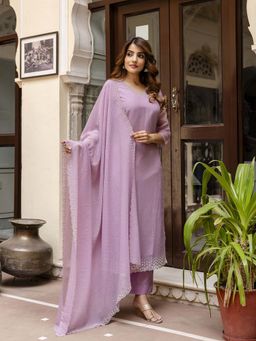 Trendmalls - Purple Embellished/Sequined V-Neck Kurta Pant With Dupatta