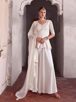Trendmalls - White Embellished/Sequined V-Neck Kurti Palazzo With Dupatta