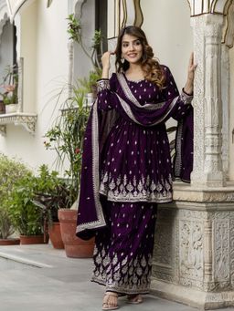 Trendmalls - Purple Embellished/Sequined Sweetheart Kurti Palazzo With Dupatta