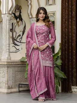 Trendmalls - Pink Embellished/Sequined Round Neck Kurta Palazzo With Dupatta