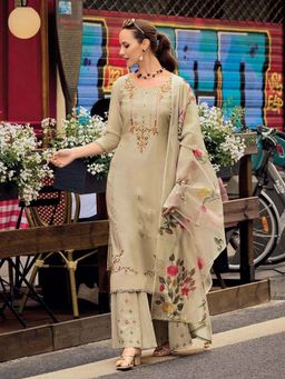 Trendmalls - Beige Embroidered Round Neck Kurta Pant With Dupatta