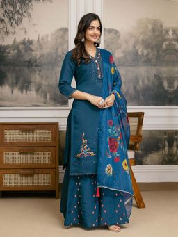Trendmalls - Teal Embroidered V-Neck Kurta Palazzo With Dupatta