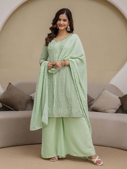 Trendmalls - Green Embroidered V-Neck Kurta Palazzo With Dupatta