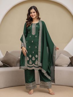Trendmalls - Green Embroidered Round Neck Kurta Pant With Dupatta