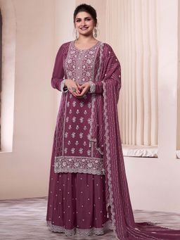 Trendmalls - Mauve Embroidered Round Neck Kurta Palazzo With Dupatta