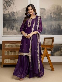Trendmalls - Purple Embellished/Sequined Round Neck Kurta Palazzo With Dupatta