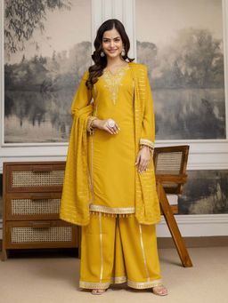 Trendmalls - Yellow Embellished/Sequined Round Neck Kurta Palazzo With Dupatta
