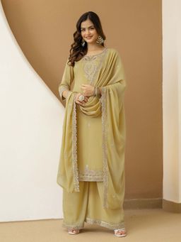 Trendmalls - Yellow Embroidered Round Neck Kurta Palazzo With Dupatta