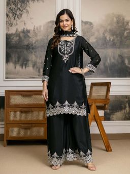Trendmalls - Black Embellished/Sequined Tie Up Neck Kurta Palazzo With Dupatta