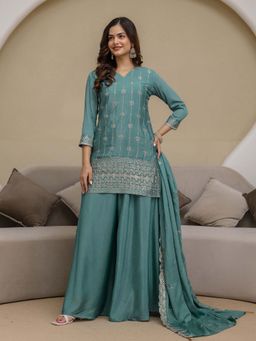 Trendmalls - Turquoise Embellished/Sequined V-Neck Kurti Palazzo With Dupatta