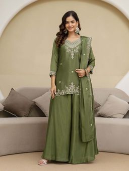 Trendmalls - Green Embellished/Sequined Round Neck Kurti Palazzo With Dupatta