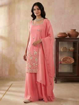 Trendmalls - Peach Embellished/Sequined Round Neck Kurta Palazzo With Dupatta