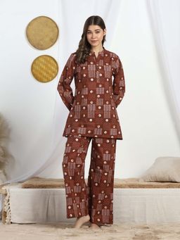 HOUSE OF COMFORT - Brown Printed Mandarin Neck Co-ord Set