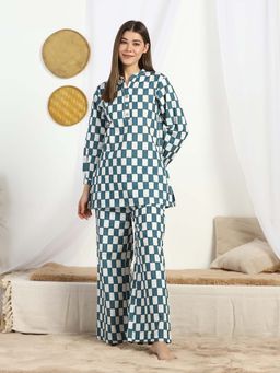 HOUSE OF COMFORT - Teal Printed Mandarin Neck Co-ord Set