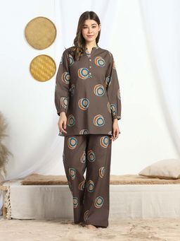HOUSE OF COMFORT - Brown Printed Mandarin Neck Co-ord Set